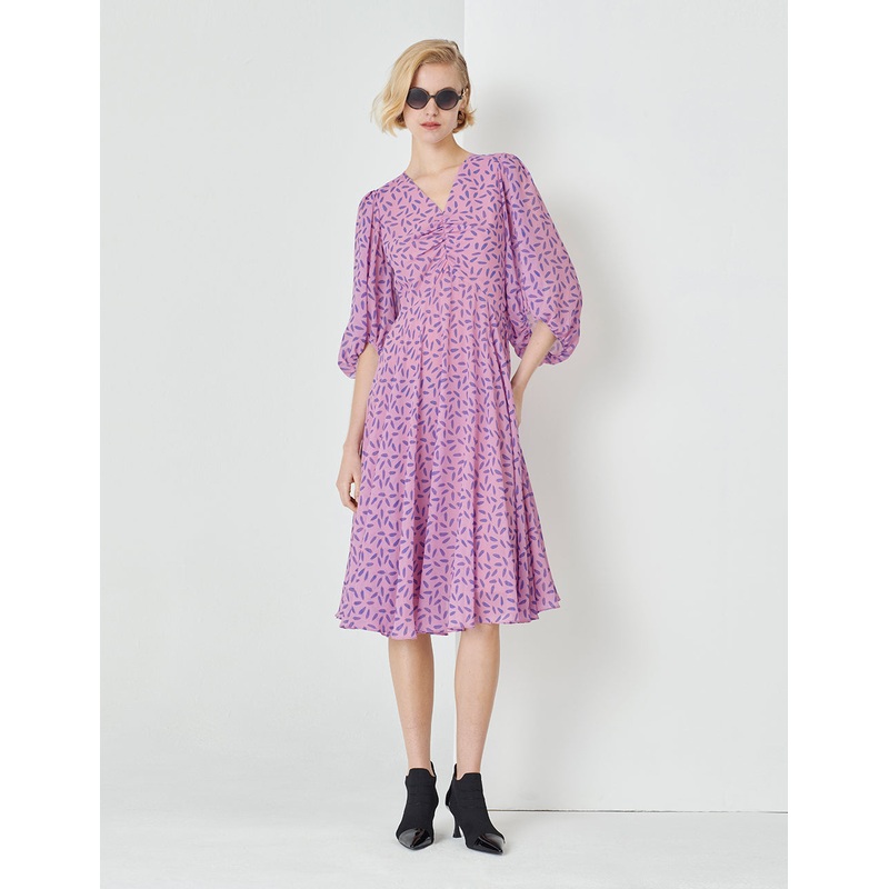 Fantasy Pink Jungle Puff Sleeve V-Neck Dress