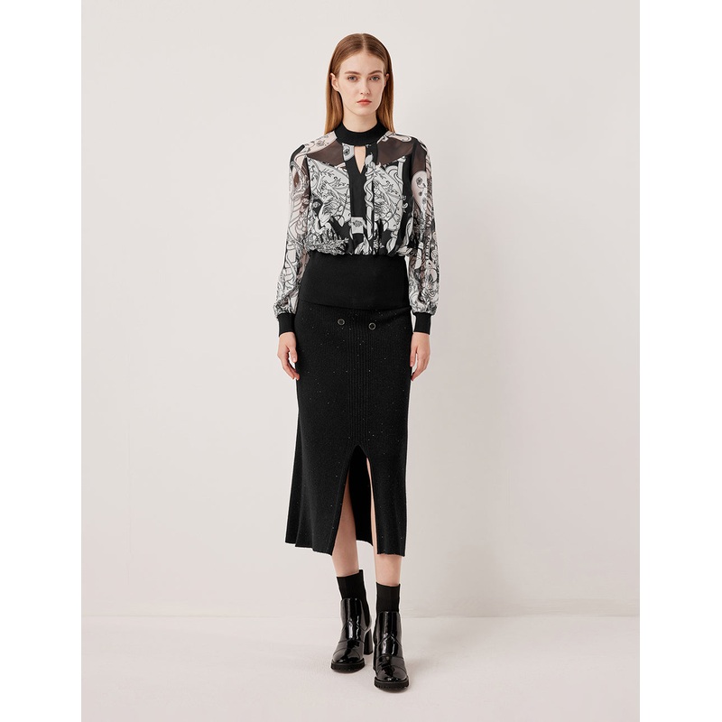 High-Waisted Ribbed Wool Midi Skirt with Double Buttons
