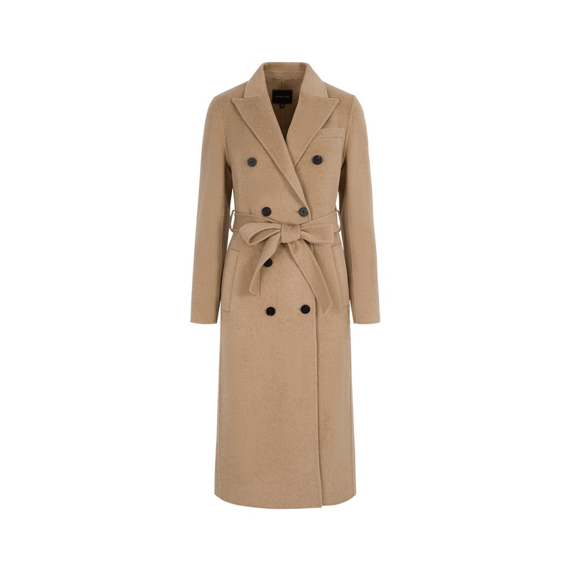 Notched Lapel Double-Breasted Straight Camel-Colored Coat