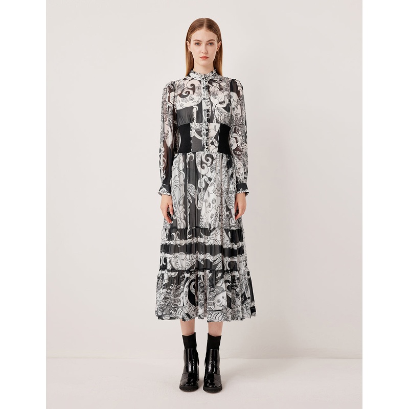Semi-High Neck Ruffle Paisley Print Pleated Midi Dress