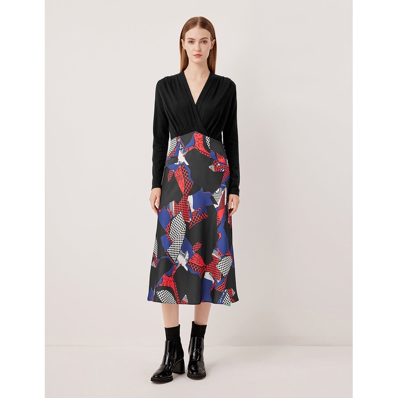 V-Neck Long Sleeve Patchwork Printed Knit Dress