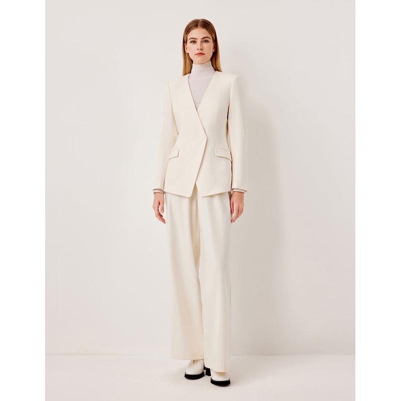 V-Neck One-Button Long Sleeve Wool Blazer